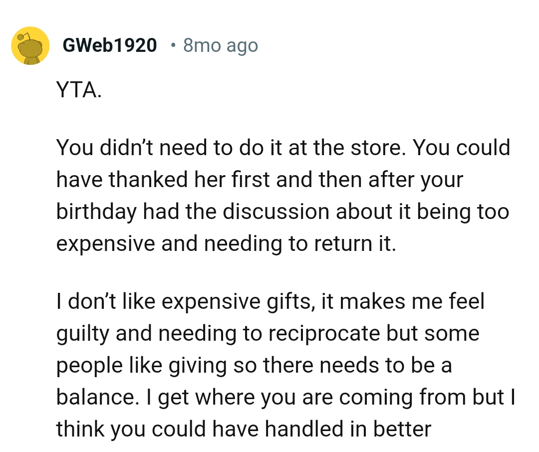 Expensive gifts make this Redditor feel guilty.