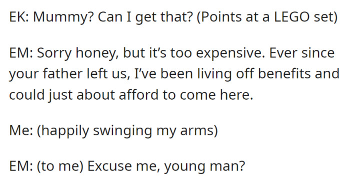 At a LEGO store, EK asks for a set, but EM, facing financial struggles, declines. OP remains cheerful, catching EM's attention.