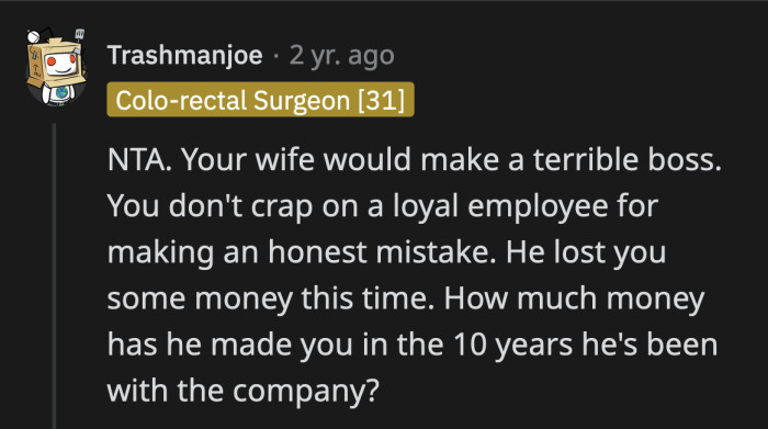 OP's wife is an admin; she had no authority to threaten termination. She created a hostile working environment and verbally abused an employee. Doesn't that open their company to a lawsuit?