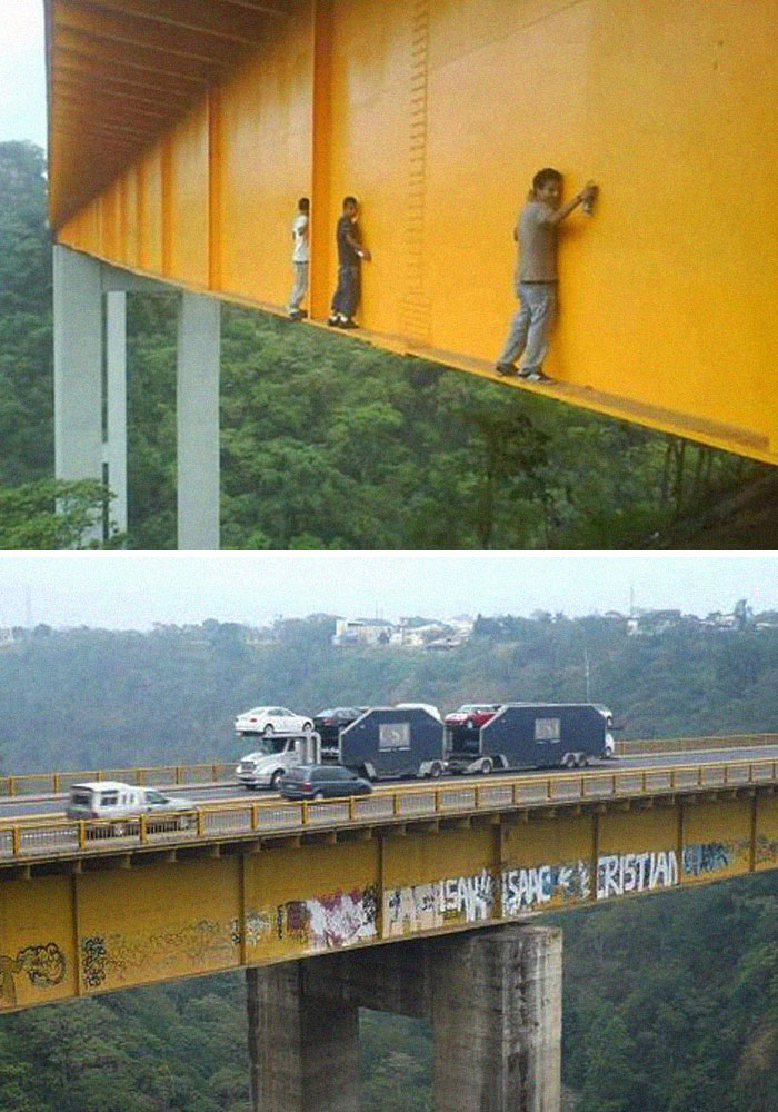 39. Graffiti Artists Tagging A Bridge In Mexico