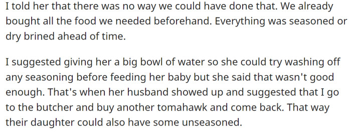 The OP suggested they rinse the meat, but the cousin wanted the OP to go and buy unseasoned meat: