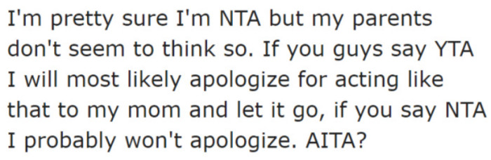 She asked who's in the wrong by posting on the AITA subreddit.