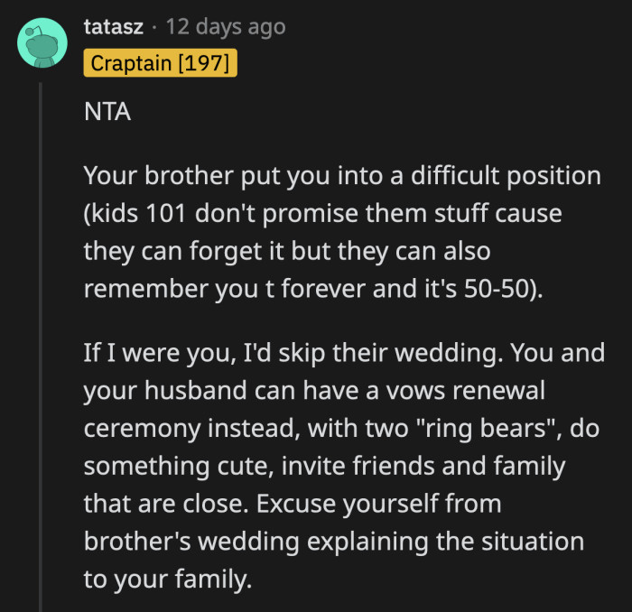 Redditors advised OP to skip the wedding and have their own vow renewal to fulfill their son's wish of attending their wedding
