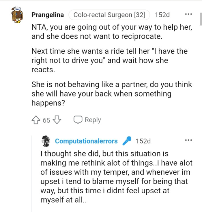 She is not behaving like a partner