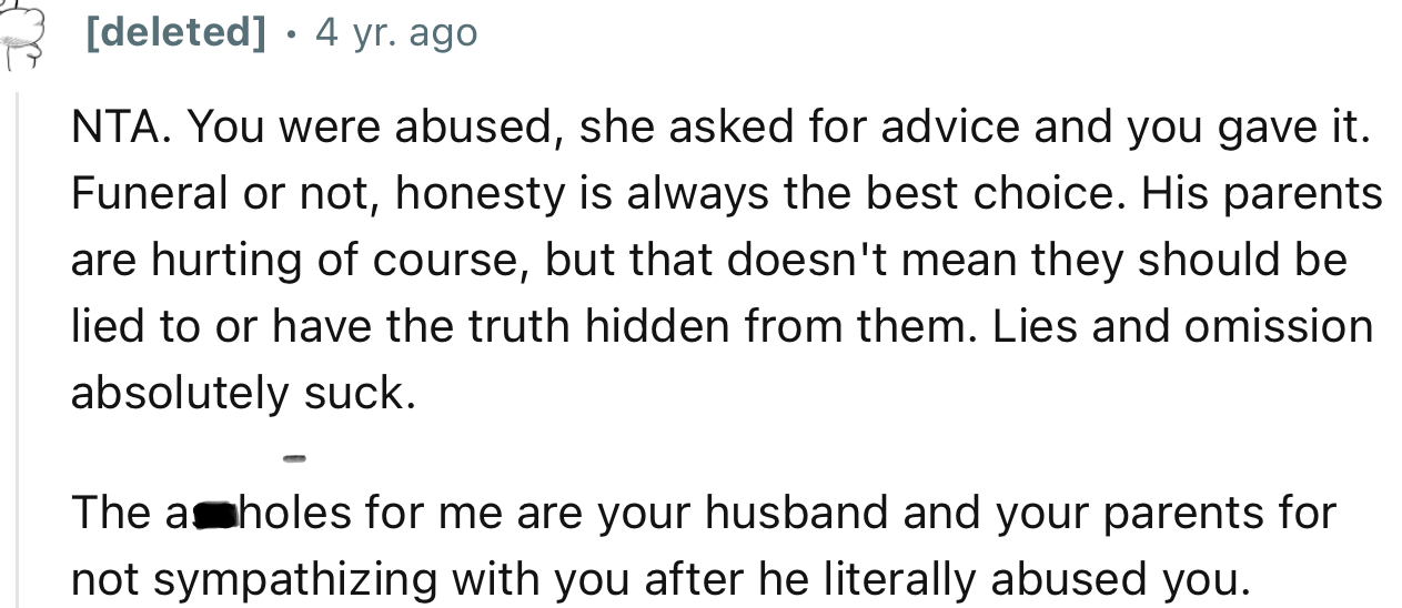 “NTA. You Were Abused, She Asked for Advice and You Gave It. Funeral or Not, Honesty Is Always the Best Choice.”