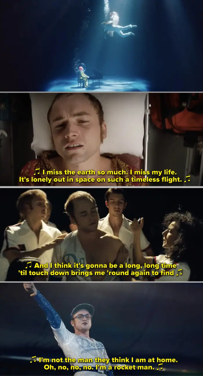 1. In Rocketman, when the pool montage showed Elton's overdose and the pressure he was under to perform and sell records