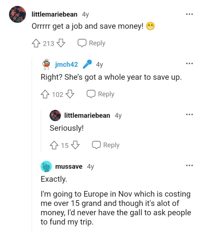 This Redditor would never have the gall to tell people to fund their trip