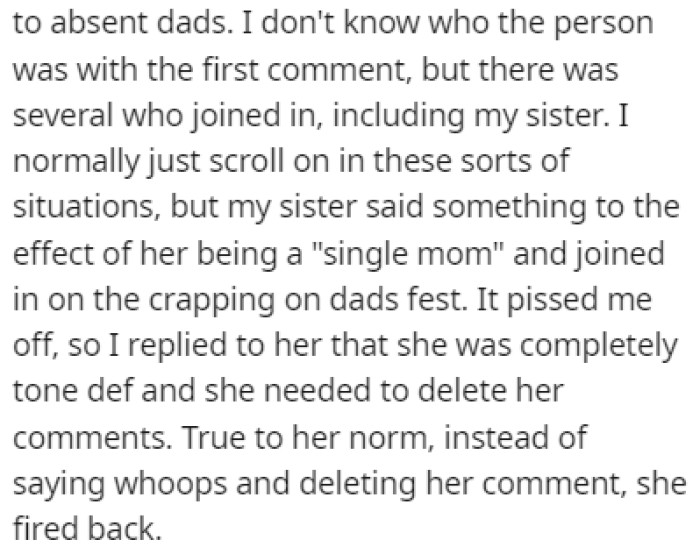 Another friend made a post bad-mouthing absent dads, and OP's sister joined in