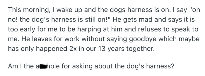 One morning, OP pointed out that the dog’s harness had been left on again since the previous night. This time, her boyfriend reacted angrily and stormed out for work without even saying goodbye
