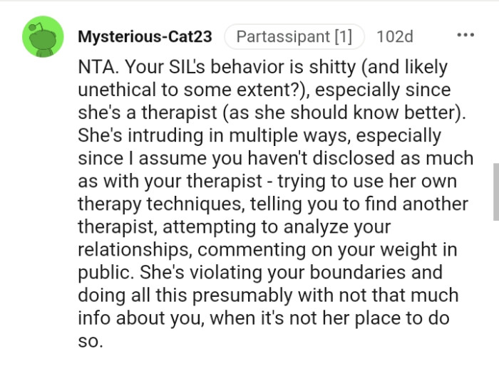 It's not the sister-in-law's place to give such advice to the OP