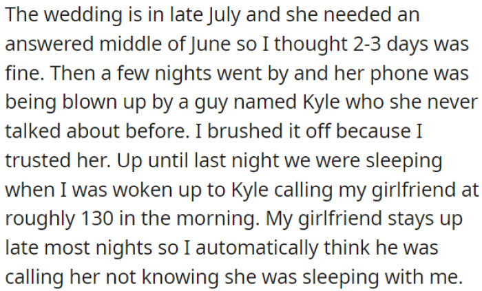 OP became concerned when a guy named Kyle started calling his girlfriend late at night.