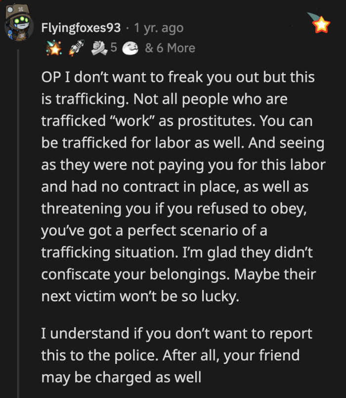 A Redditor informed OP that what happened technically counts as a form of domestic trafficking.