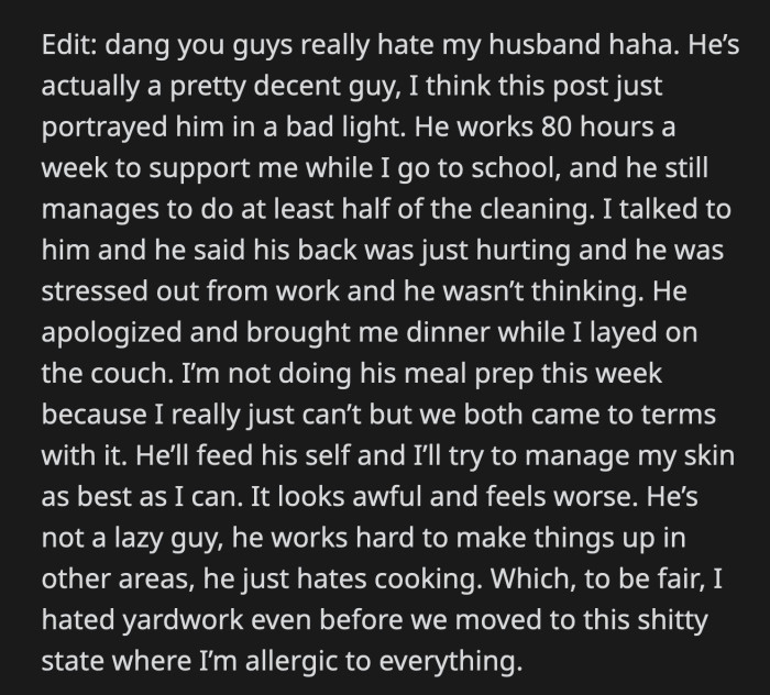 OP and her husband talked. He explained his mood and accepted why she couldn't meal prep for him.