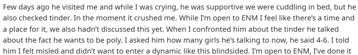 Then she describes a specific situation where he ended up telling her he wants a polyamorous relationship.