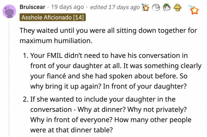 In case it wasn't clear that the mother-in-law brought it up intentionally