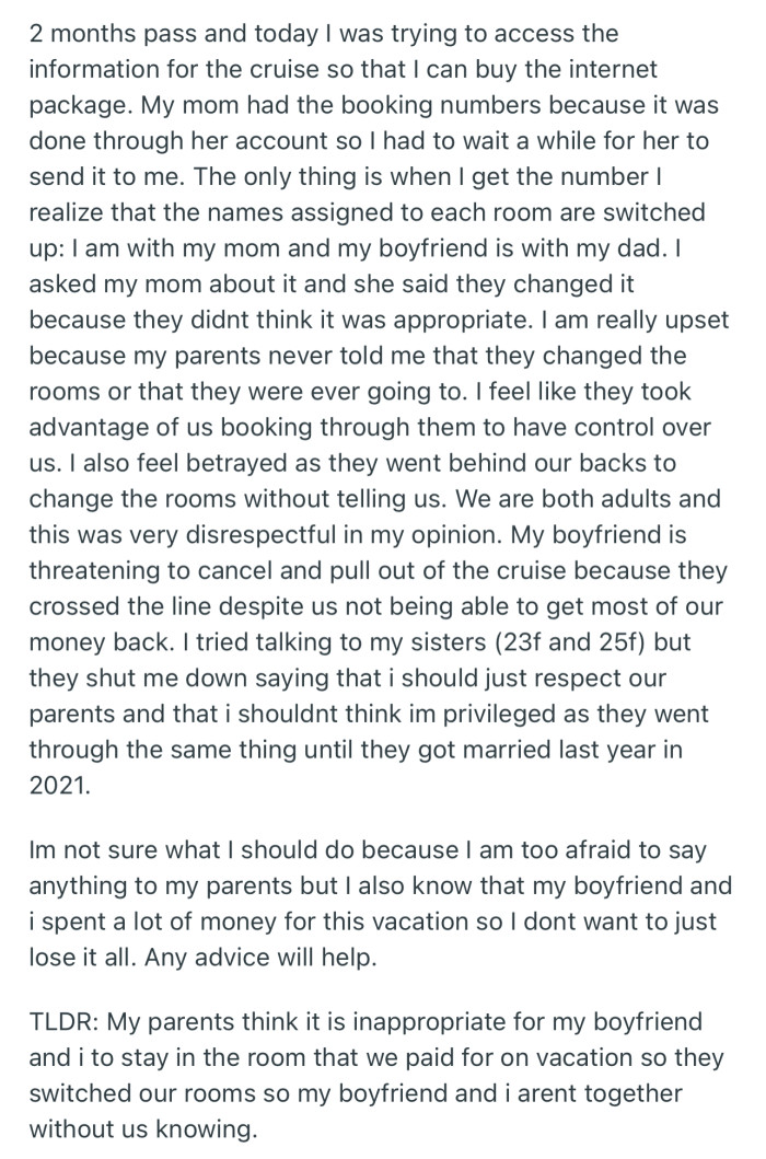 OP later discovered that her parents switched up the rooms to ensure that she and her boyfriend don’t sleep together