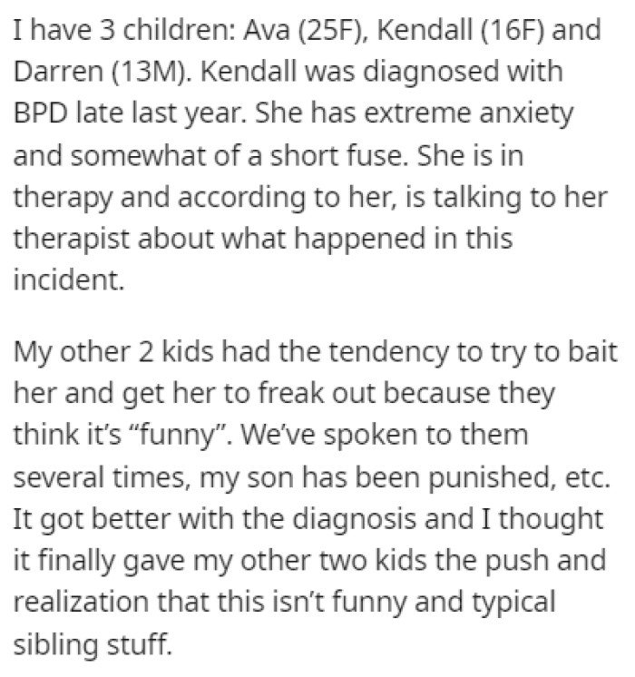 OP has three children and one of them, Kendall, was diagnosed with borderline personality disorder