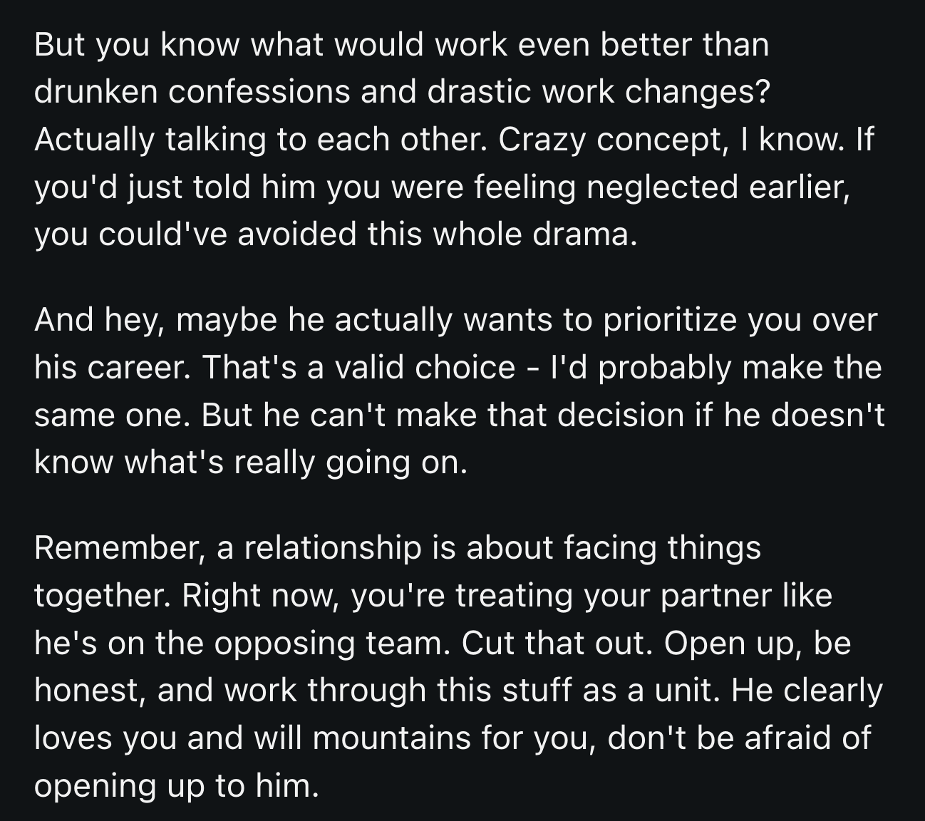 Her fiancé has shown OP that she can tell him anything without judgment.