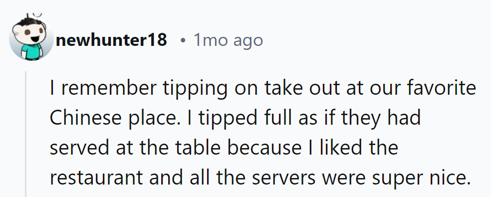 Gave a generous tip for takeout because their service was so good, it deserved a 'tip-top' effort!