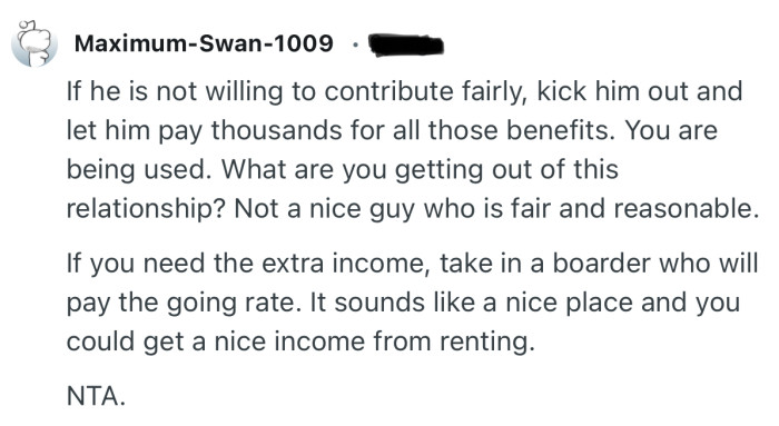 “If he is not willing to contribute fairly, kick him out and let him pay thousands for all those benefits.”
