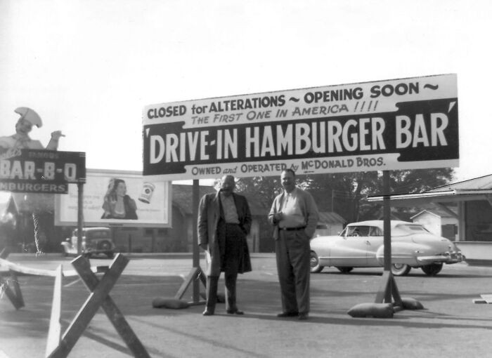 "The Mcdonald Brothers In Front Of The Not Yet Opened First McDonald's, November 1948, San Bernadino, CA"