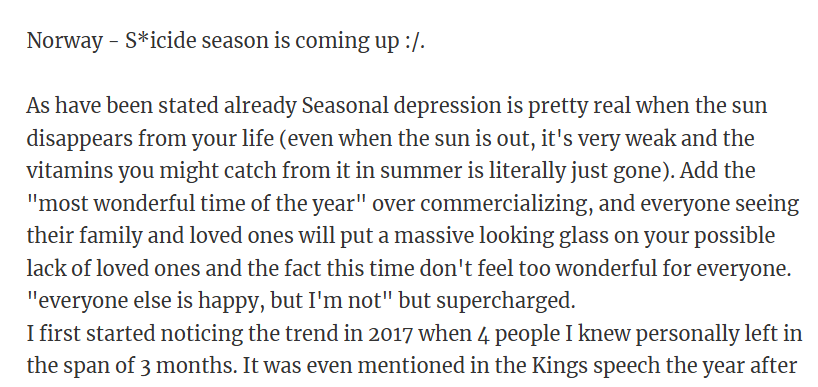 Norway's dark winters and holiday cheer can deepen isolation and seasonal depression.