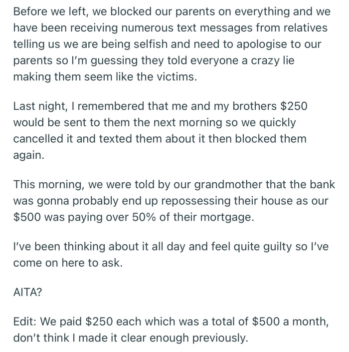 OP and His Brother Moved Out and Stopped Sending Monthly Contributions to Their Parents. Unfortunately, Their Parents' House Is Now in Danger of Being Repossessed