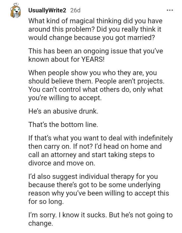 This Redditor is letting the OP know that she can't control what others do, only what she's willing to accept