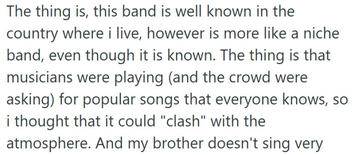 With the bar full of people singing along to popular hits, she feared his choice might kill the vibe.