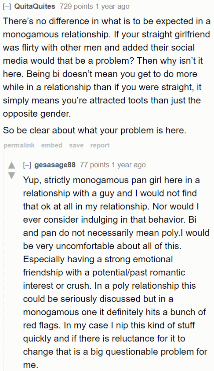 Being bisexual doesn't excuse the girlfriend's behavior.
