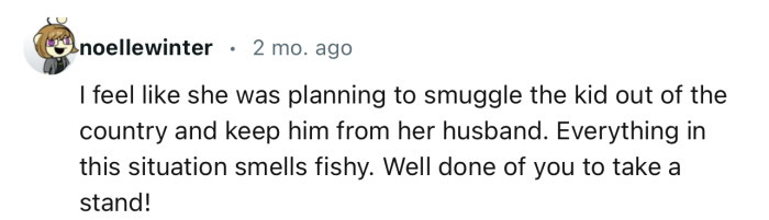 “I feel like she was planning to smuggle the kid out of the country and keep him from her husband.”