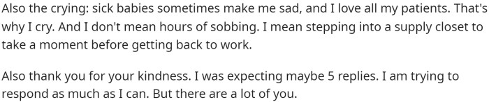 She then explains a bit more about what she meant when she cried about her job.