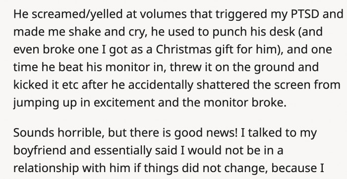 Although he never hurt her, he triggered her PTSD a lot