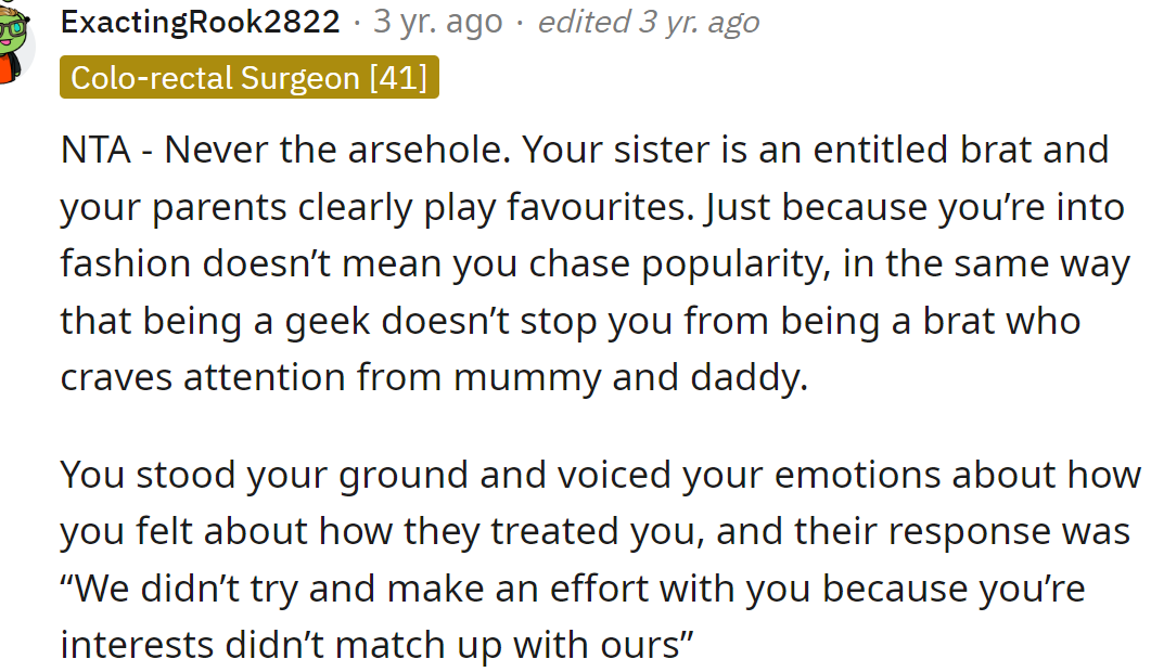 A Reddit user said the OP was not in the wrong and explained their POV