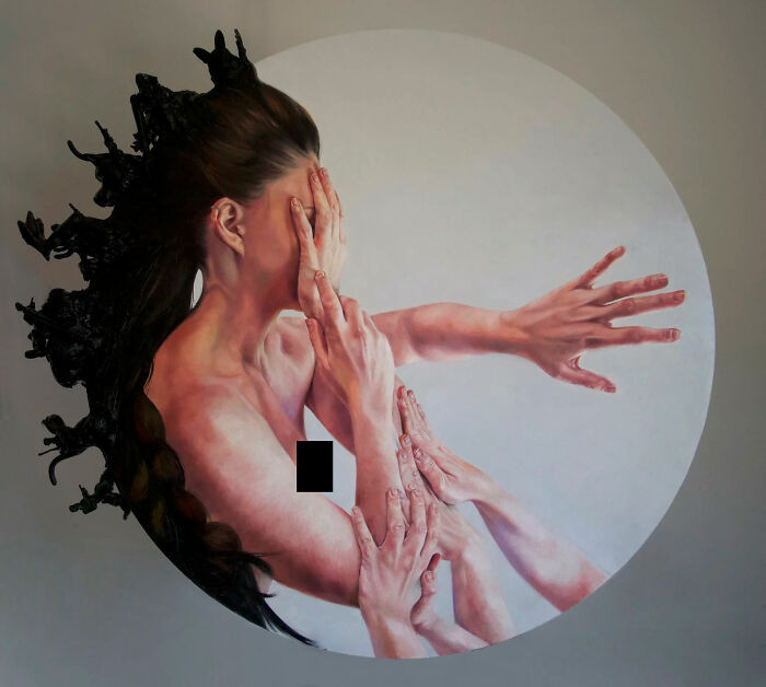 "Oil on wood with applied found objects."