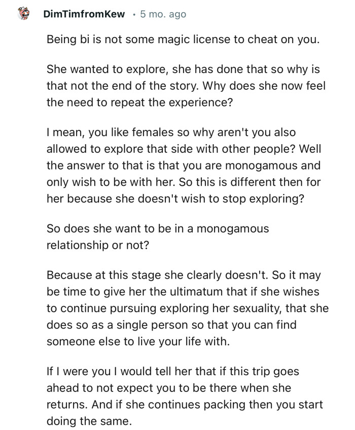 “If I were you, I would tell her that if this trip goes ahead, do not expect you to be there when she returns.”