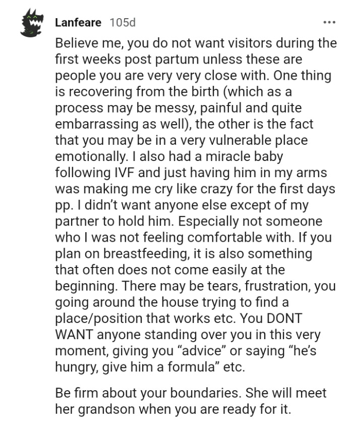 The OP doesn't want anyone standing over her in that moment