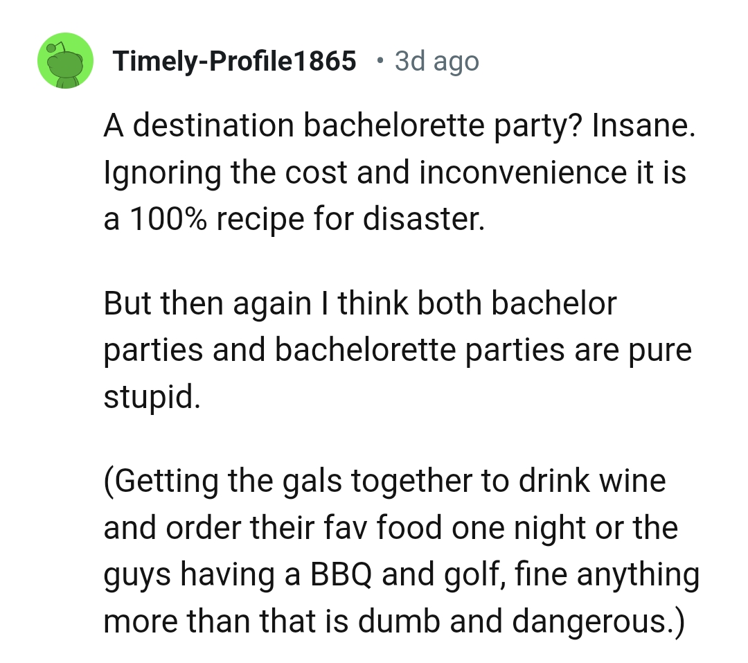 This Redditor Says That Most Bachelorette Parties Are Not Even Necessary