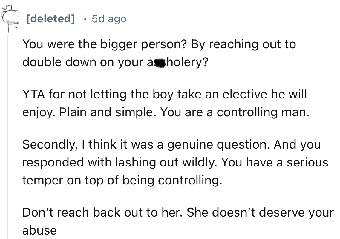“Don’t reach back out to her. She doesn’t deserve your abuse.”