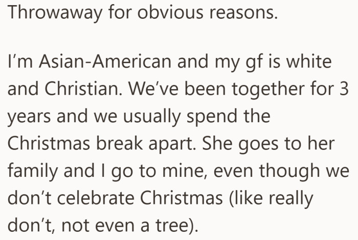 He lays out their usual holiday rhythm, two cultures and two traditions that have always stayed separate.