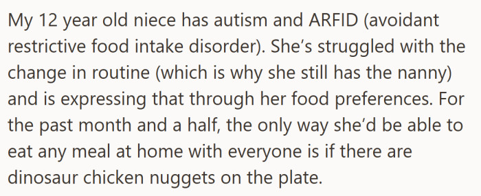 For her autistic niece, change is overwhelming—and dino nuggets have become the one thing that makes mealtime feel safe.