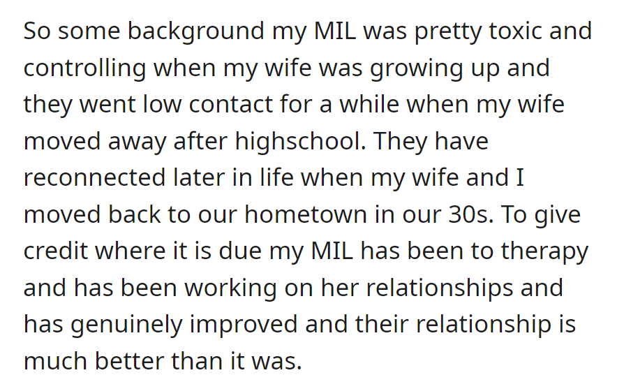MIL was toxic, but after therapy, she and the wife reconnected in their 30s, leading to a much improved relationship.