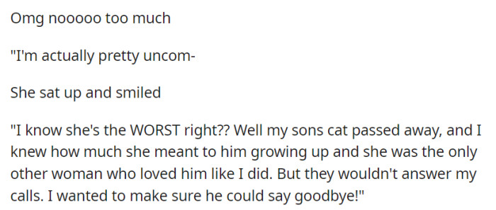 Interrupted, OP listens as Angela expresses frustration over her son's estranged wife, mentioning her desire to reach out after their son's cat passed away, as it held special significance for him.