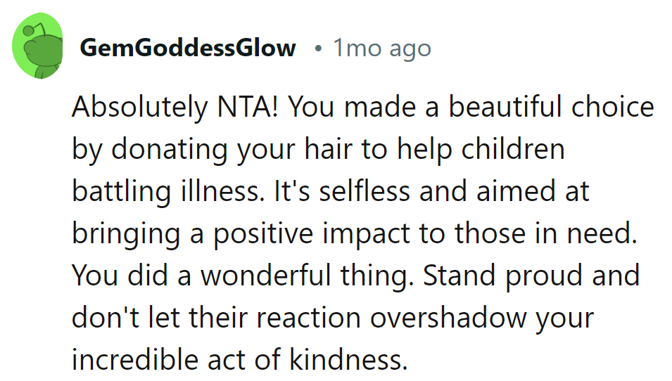 Her hair donation to help children is a beautiful choice.