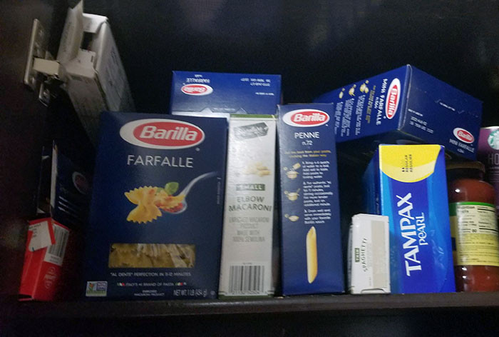 33. I Went Grocery Shopping, And My Husband Put Everything Away. It's A Blue Box, So It Must Be Pasta