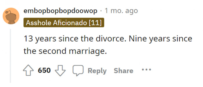 A small correction. According to this Redditor, it has been 13 years since the divorce.