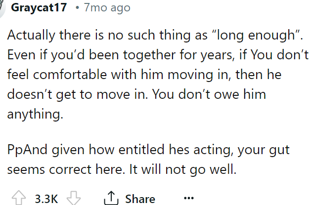 If she doesn't feel comfortable with him moving in, she already has the answer