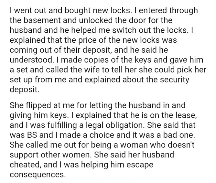 The OP explained that the price of the new locks was coming out of their deposit