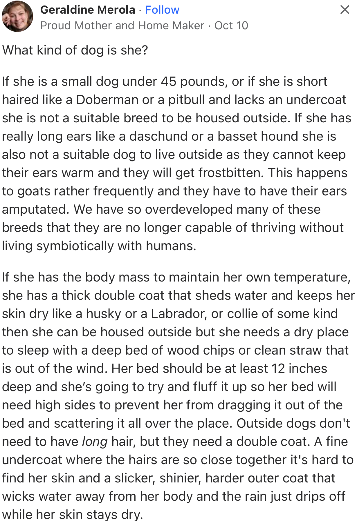 “She needs a dry place to sleep with a deep bed of wood chips or clean straw that is out of the wind.”