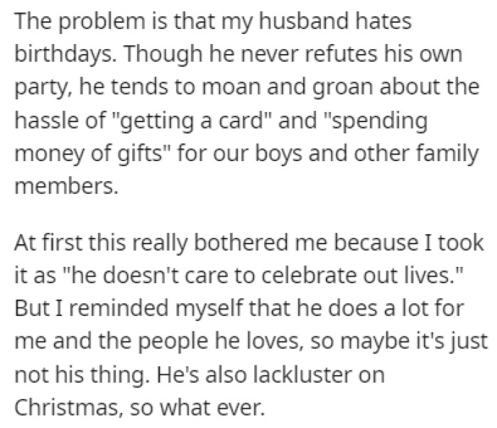 OP's Husband Hates Birthdays, and Even Though He Loves His Own Parties, He Thinks That Other People's Birthdays Are Just a Hassle